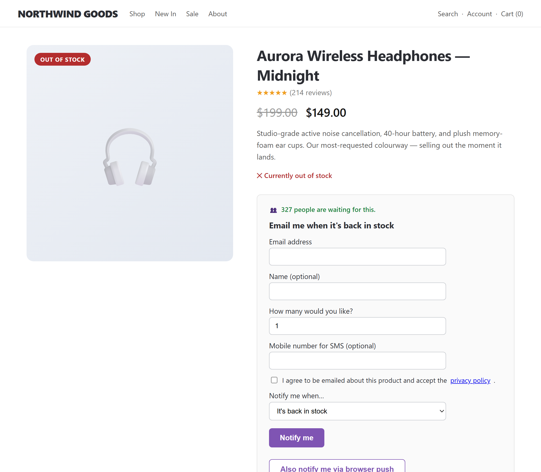 Waitlist Pro back-in-stock sign-up form on a WooCommerce product page